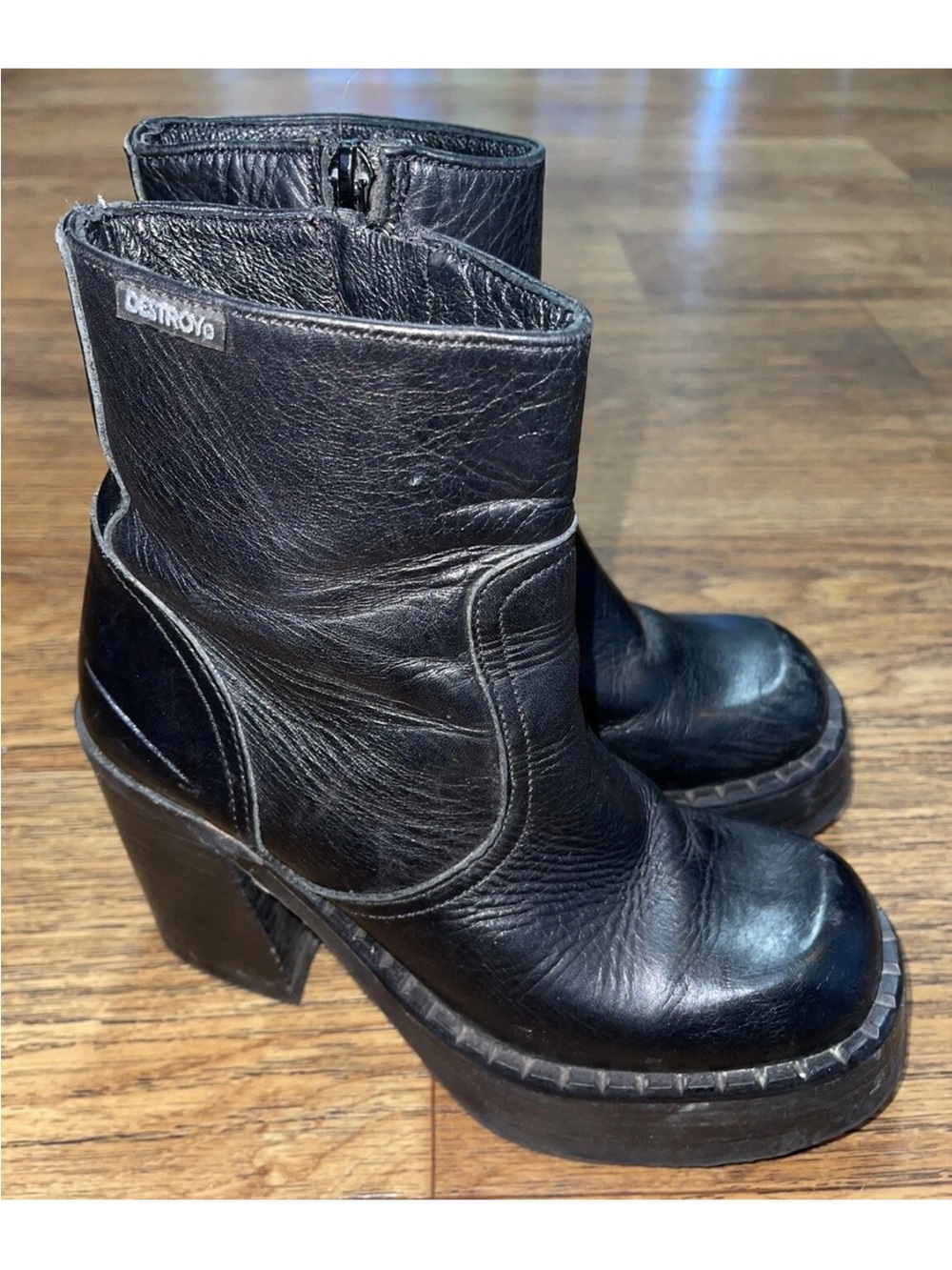DESTROY Platform Chunky Black Leather Vintage Y2K Ankle Bootie Boots Size 7 Rare